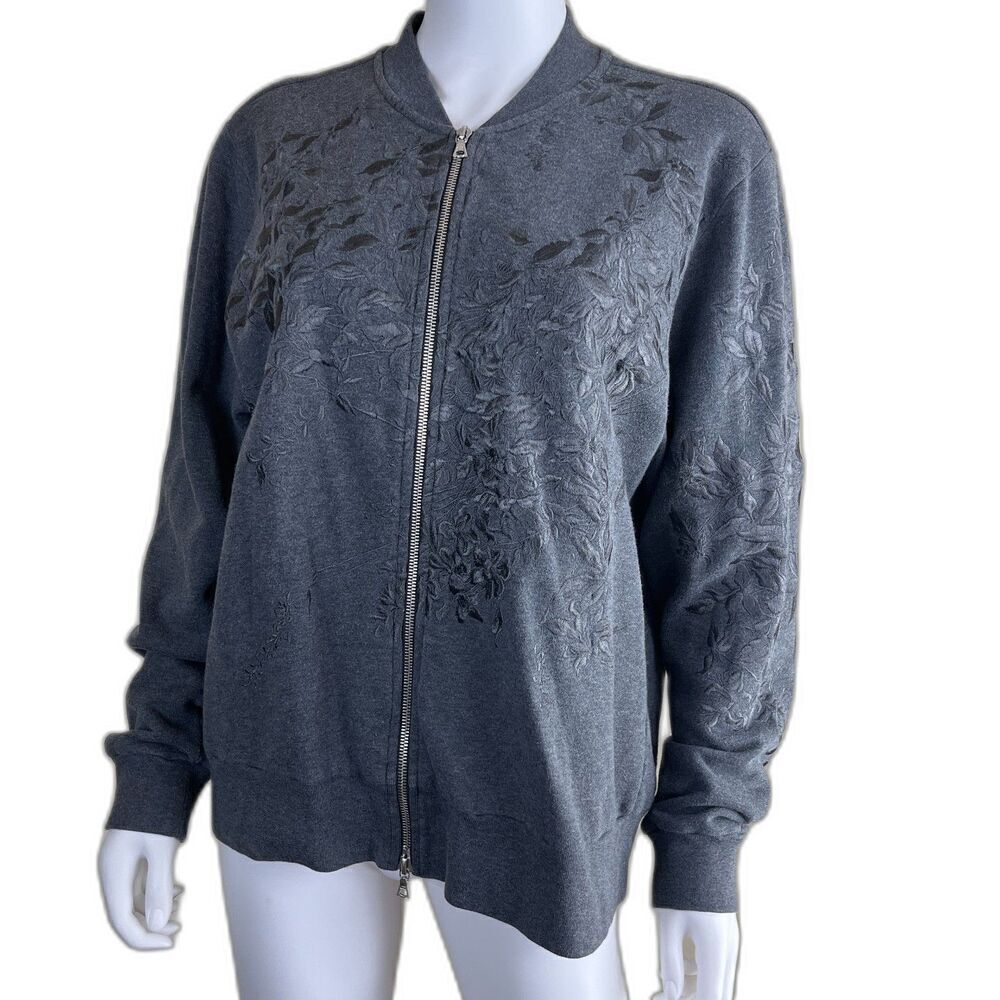 DRIES VAN NOTEN Women's Size L Gray Floral Embroidered Cotton Bomber Jacket Boho